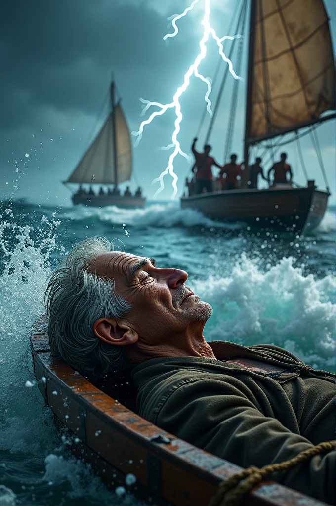 A realistic image of an old looking man, where I am inside a boat sleeping in the middle of a strong tide, On top of the boat, the distressed crew members are trying to control the boat