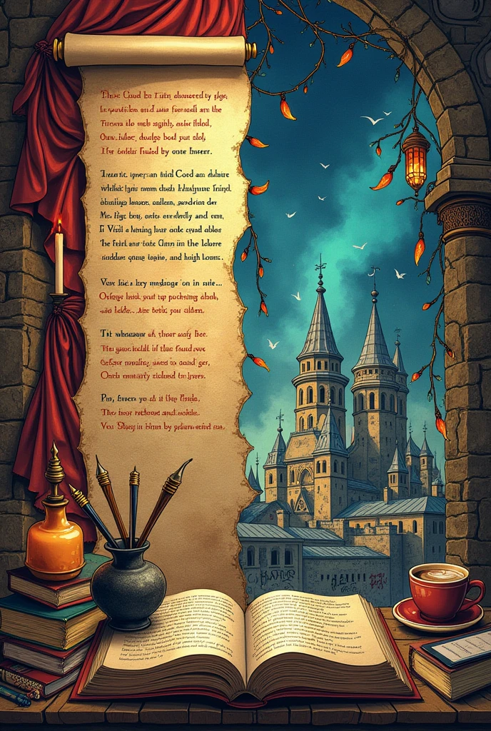 Make an image divided in half, one part will have medieval poetry and the other part will have modern literature