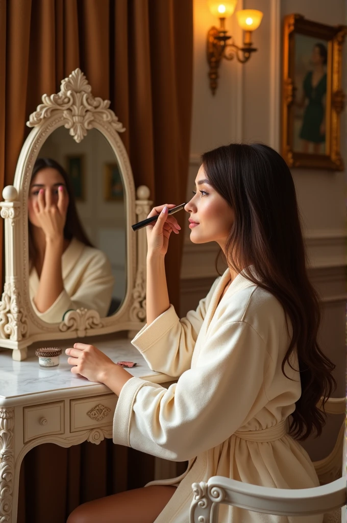 "A very photo-realistic image of a woman with long, straight brown hair parted in the middle, sitting gracefully in a luxurious hotel room. She is wearing a plush bathrobe as she prepares for a glamorous gala evening. Seated in front of an elegant vanity mirror, she carefully applies makeup. The room exudes sophistication, with soft lighting and tasteful decor, setting the perfect scene for her transformation into a stunning gala attendee."