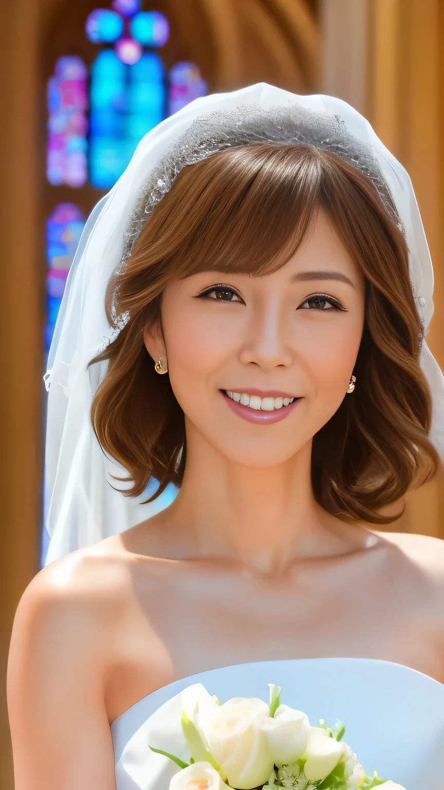 Highest quality, 1 per photo, Face close-up, View from the front, Japanese mature woman 40 years old, (Realistic facial wrinkles:1.1), Short Hair、 Wearing a veil, A big smile wearing a white shiny silk wedding dress, holding a bouquet in both hands at church, Super cute face, Glossy Lips, Double eyelids on both eyes, Glamorous makeup, Shiny and smooth light brown hair, Asymmetrical bangs, Sunburned skin, Center image, 8k resolution, Attention to detail, Detailed hairstyle, Detailed face, Cinema Lighting, Octane Rendering, Ultra-realistic, Perfect limbs, Perfect Anatomy、Center the screen、