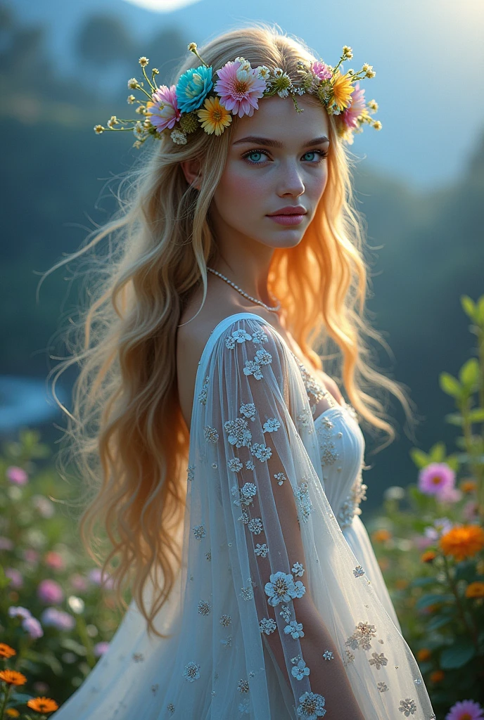 Jinn whose clothes were white and had many Flowers were embedded in it. She had a small crown of flowers around her head, his golden hair was open in the wind and his eyes were blue like beautiful ruby stones...