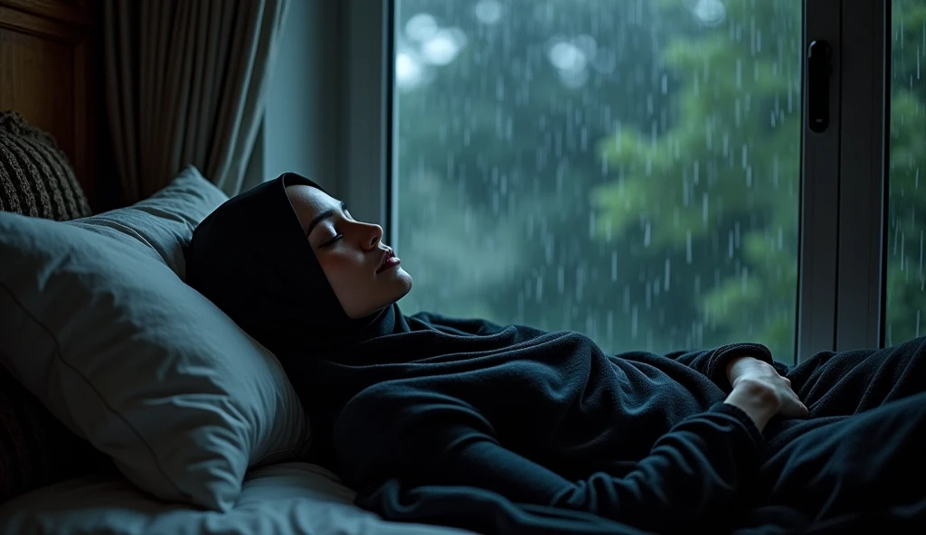 Rain sleep Muslim woman black veil glass window sleeping in a room with lightning rain 
