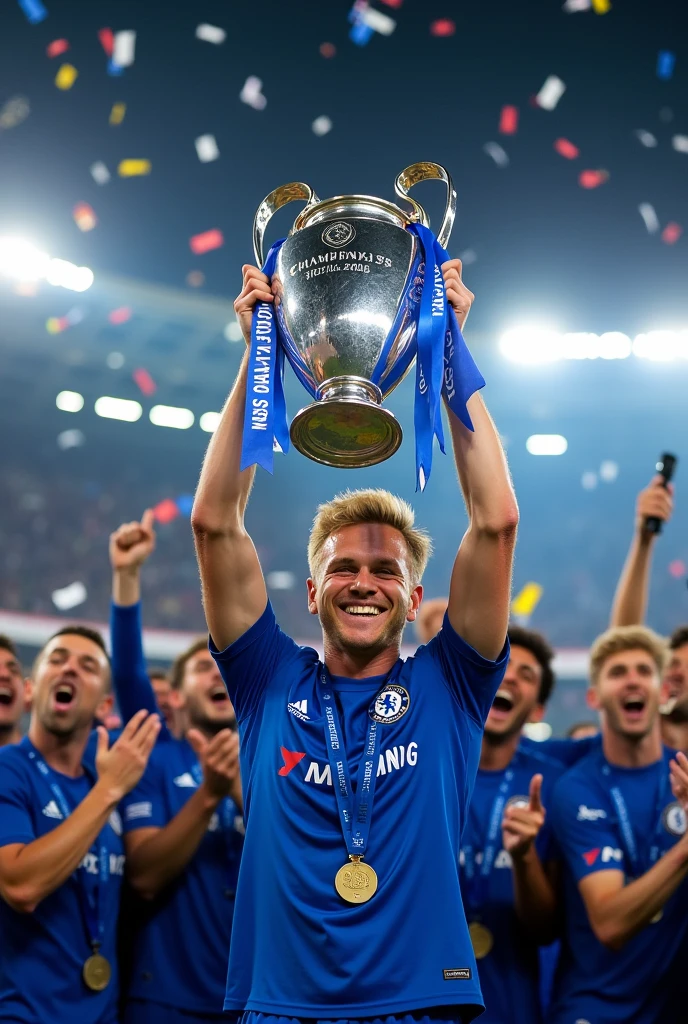 Young blond player 23 years old playing for Chelsea with the Champions League trophy