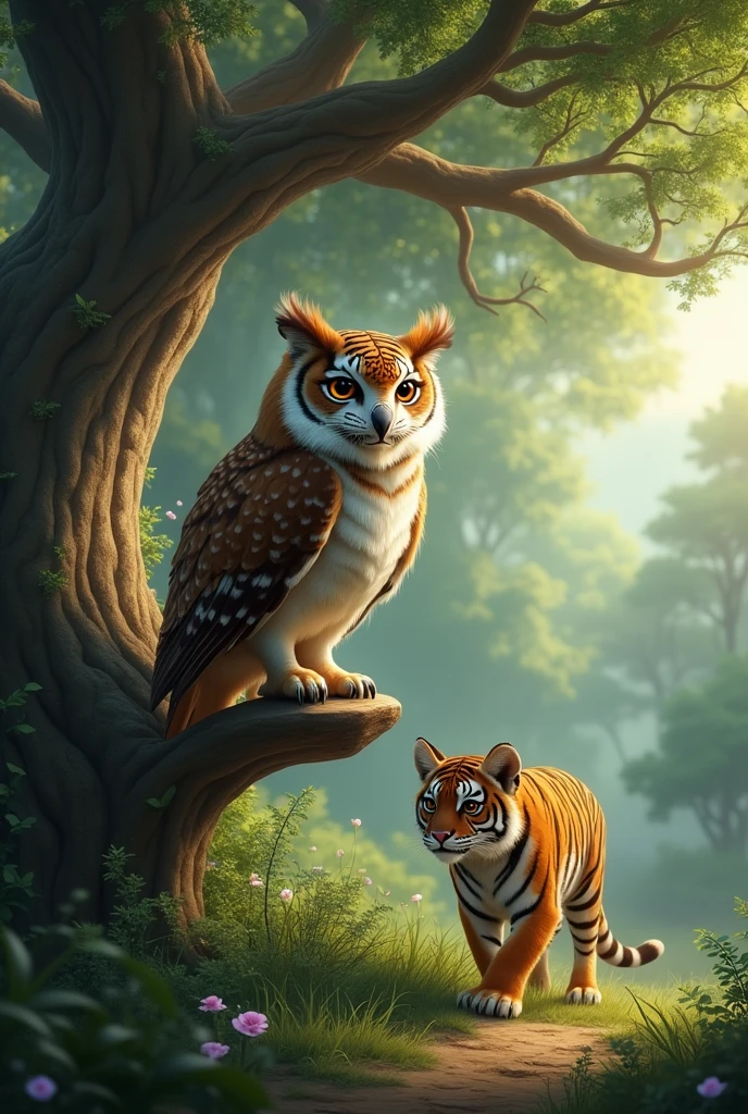 "Then come with me," said the owl in a calm voice. tiger followed the owl with curiosity. The owl took him to the Tree of Wisdom. This tree was the oldest tree in the forest and its branches reached up to the sky.