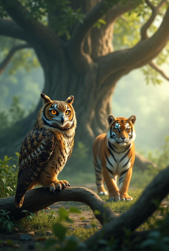 "Then come with me," said the owl in a calm voice. tiger followed the owl with curiosity. The owl took him to the Tree of Wisdom. This tree was the oldest tree in the forest and its branches reached up to the sky.