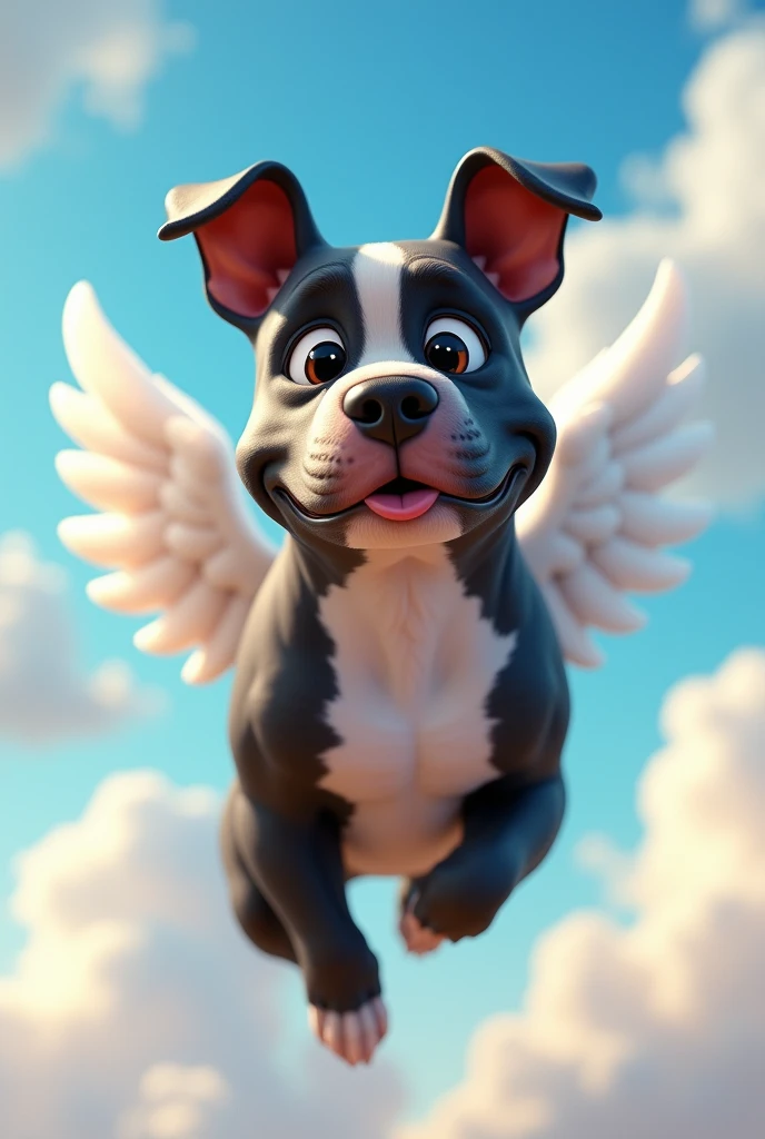 personagem de cachorro grown-up, mix with the pitbull breed, large ears, eyes black, grown-up, hair around the eyes black, white snout, half black body, around the neck, chest and front legs completely white, black ears, long muzzle,  cachorro grande grown-up, comprido, hairless, front paws and white front legs, with white angel wings, flying with sky and clouds background, animation character, stylized character, animation style rendering, 3d stylized, Arnold Maya rendering, Stylized 3D rendering, toon render screenshot, 3d character, 3d character, Stylized 3D rendering, 3D character rendering, cartoon character, Personagem de close up, character posing,  (Pixar-style) (master part:1.2) (bokeh) (best qualityer) (skin detailed) (detailed texture) (8k) (Argilla) (cinematic lighting) (sharp focus