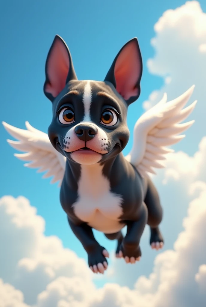 personagem de cachorro grown-up, mix with the pitbull breed, large ears, eyes black, grown-up, hair around the eyes black, white snout, half black body, around the neck, chest and front legs completely white, black ears, long muzzle,  cachorro grande grown-up, comprido, hairless, front paws and white front legs, with white angel wings, flying with sky and clouds background, animation character, stylized character, animation style rendering, 3d stylized, Arnold Maya rendering, Stylized 3D rendering, toon render screenshot, 3d character, 3d character, Stylized 3D rendering, 3D character rendering, cartoon character, Personagem de close up, character posing,  (Pixar-style) (master part:1.2) (bokeh) (best qualityer) (skin detailed) (detailed texture) (8k) (Argilla) (cinematic lighting) (sharp focus