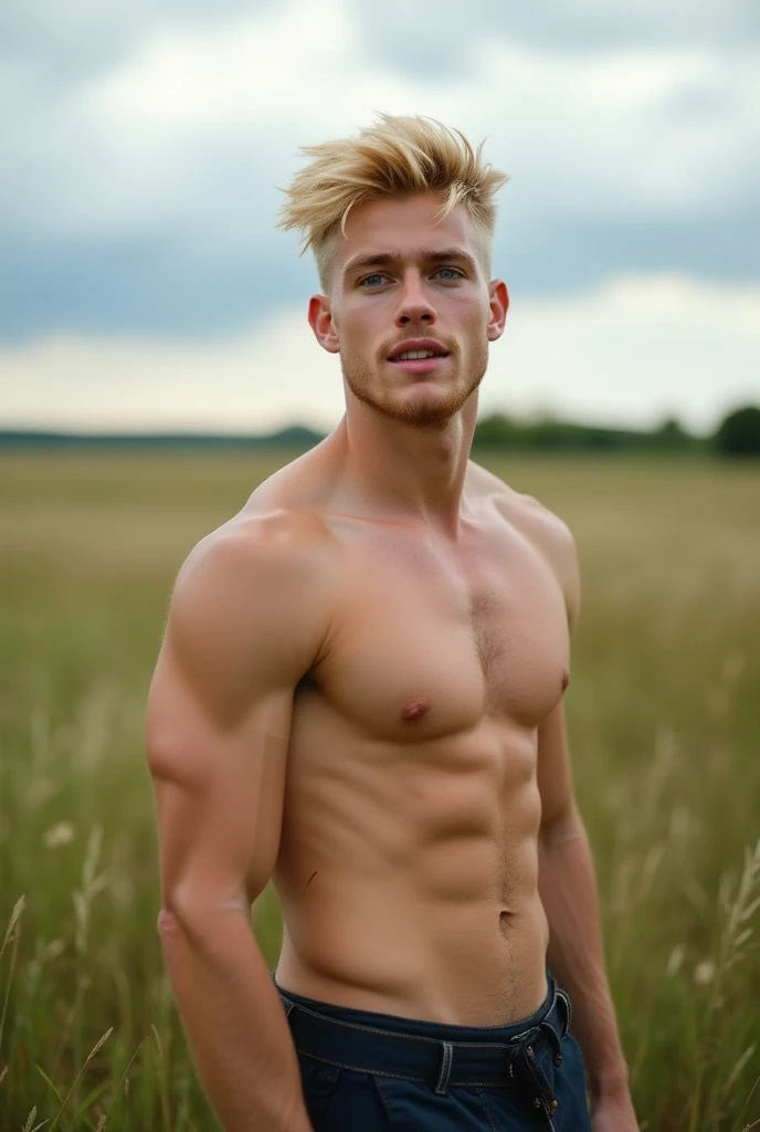Make a young Germanic man, he is blond, blue-eyed, semi-albino, he is 32 years old he is 2,10 His appearance is robust and slightly handsome, His physique is athletic, he is very white, He is a little calm and can get a good laugh out of his friends, he is in an open field a little cloudy without rain, with a slight smile on your face, photo realistic image.