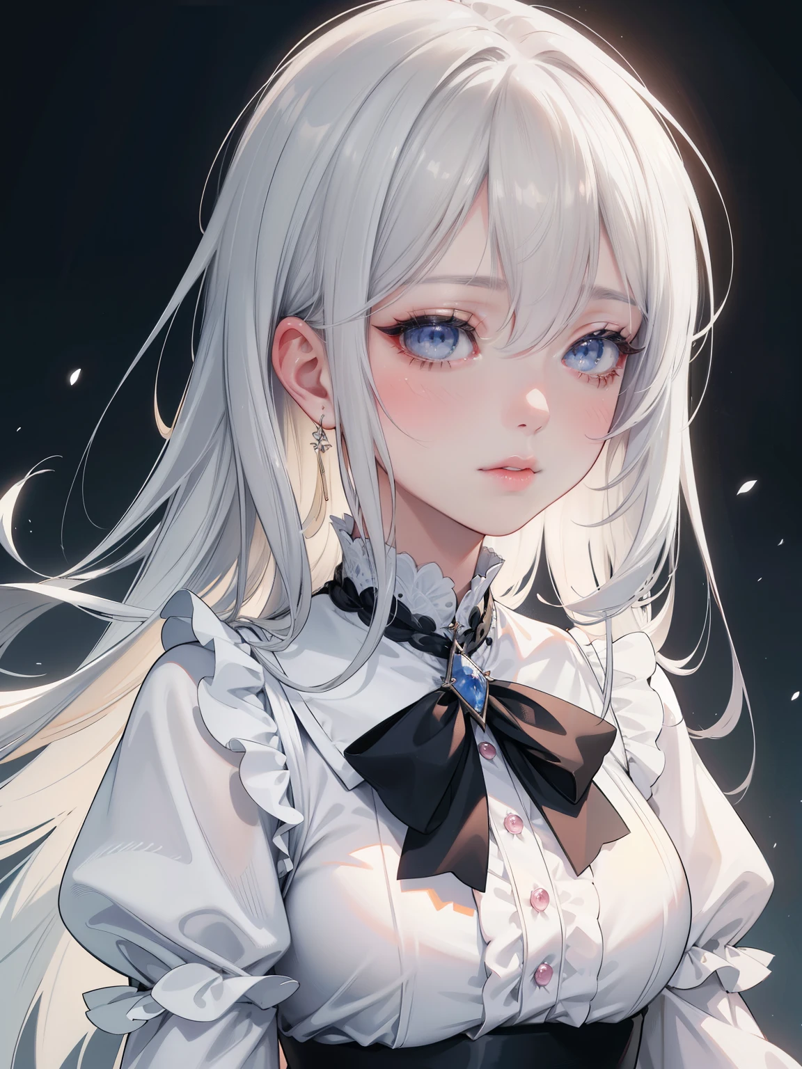 a cute anime girl with long gray hair, beautiful detailed eyes, beautiful detailed lips, extremely detailed face, long eyelashes, wearing a white shirt and black skirt, in a nice dress, cute anime waifu, anime full body illustration, intricate details, soft lighting, warm color palette, art by professional concept artist, (best quality,4k,8k,highres,masterpiece:1.2),ultra-detailed,(realistic,photorealistic,photo-realistic:1.37),HDR,UHD,studio lighting,ultra-fine painting,sharp focus,physically-based rendering,extreme detail description,professional,vivid colors,bokeh