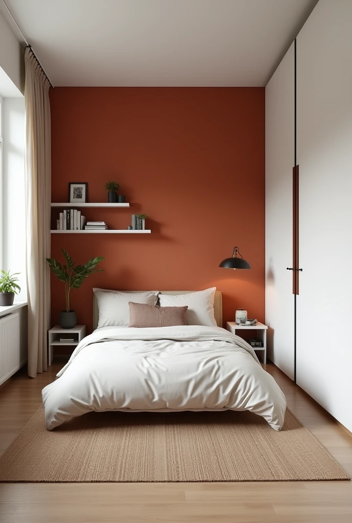 Design a 5m² bedroom Walls and colors:
Choose one of the walls to be the terracotta wall. You can color this wall in a terracotta tone.
The other three walls should be painted white..
Furniture:
bed-in:
Draw the double bed (1.96 x 2.10m). To simplify, place the bed against the wall opposite the terracotta wall. The length of the bed (2.10m) must be aligned with the wall.
The bed will take up a significant portion of the space, so make sure to leave space around for circulation.
nightstand:
Place a small bedside table (or floating shelves) Beside the bed. Essas podem ser desenhadas como retângulos pequenos Beside the bed.
wardrobe:
Place the wardrobe on the wall opposite the head of the bed or on one of the side walls.. To simplify, draw a rectangle to represent the closet.
mirror:
Add a mirror to the side wall or inside of the wardrobe door. It can be a narrow rectangle.
Mattire:
Draw a small rug in front of the bed, centred.
Shelves or Plants:
Add shelves above the bed or next to the wardrobe, represented by horizontal lines or small rectangles.
view from above