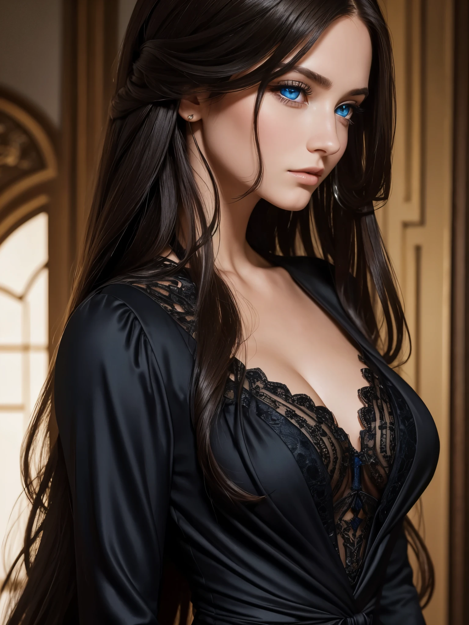 Beautiful brunette girl with blue eyes and long hair wearing a black dress in a luxury mansion photo shoot close up of the face