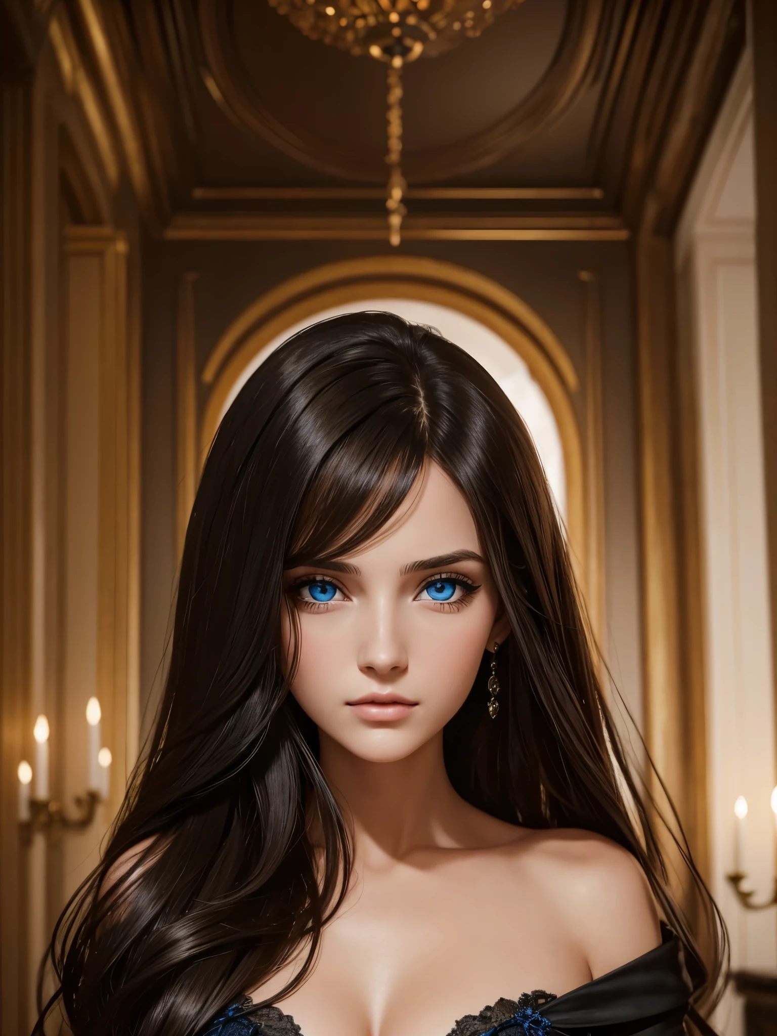 Beautiful brunette girl with blue eyes and long hair wearing a black dress in a luxury mansion photo shoot close up of the face 