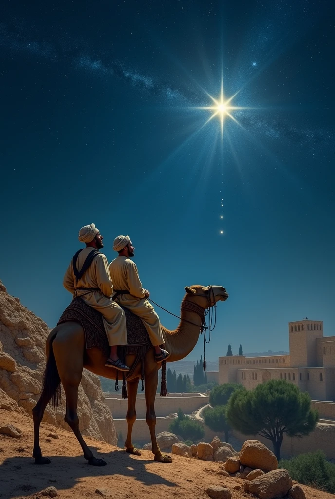 Three man on camel in jursulan watching a bright star 