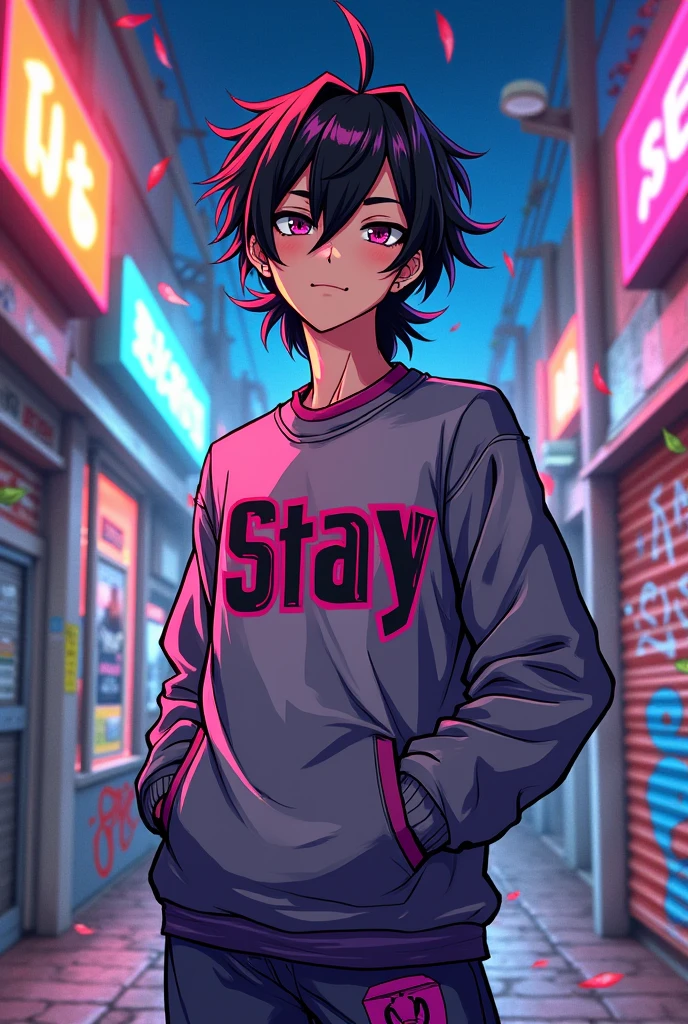 HYUNJIN from Stray Kids with a hair mullet cut and raised halfway in anime and on his clothes he says Stay