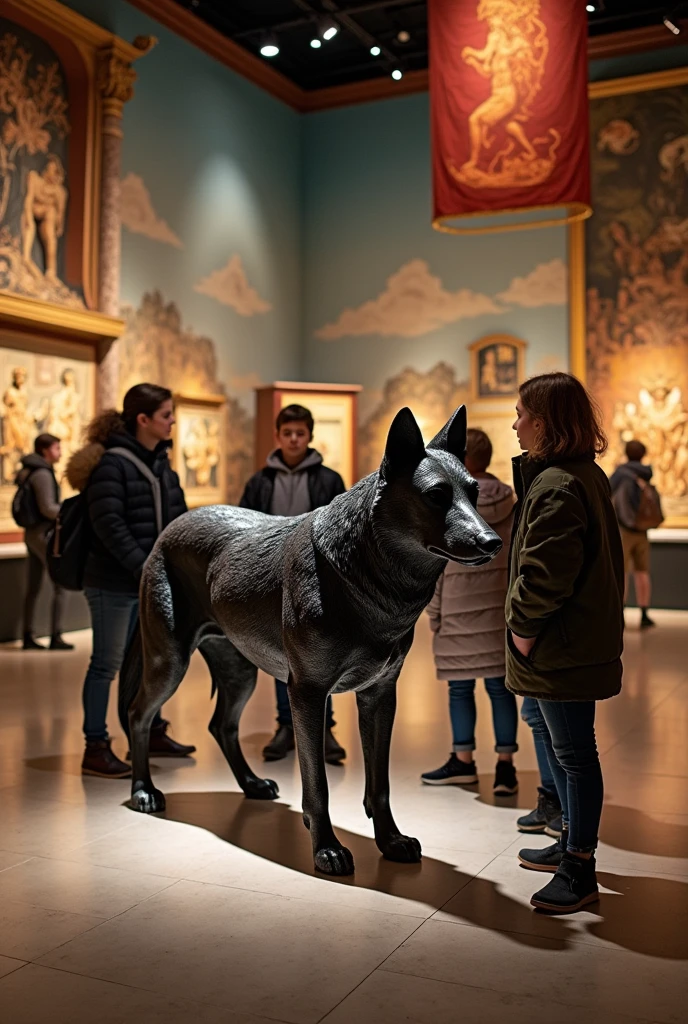 And Animated Photos of realistic sup Some young people in the museum of myths in which a wolf dog with black fur is a realistic iron statue 

