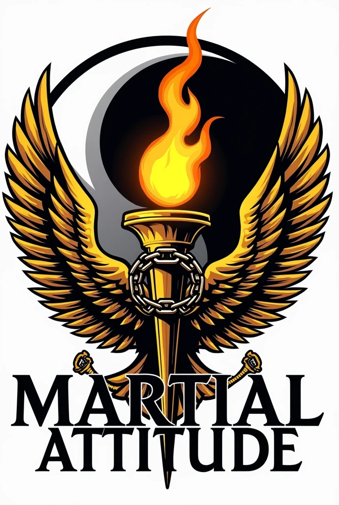 logo, a lit and chained torch, surrounded by olive leaves represented by the wings of a golden eagle.
In the background a circle of jin and jang Phrase, Martial Attitude.
White and black