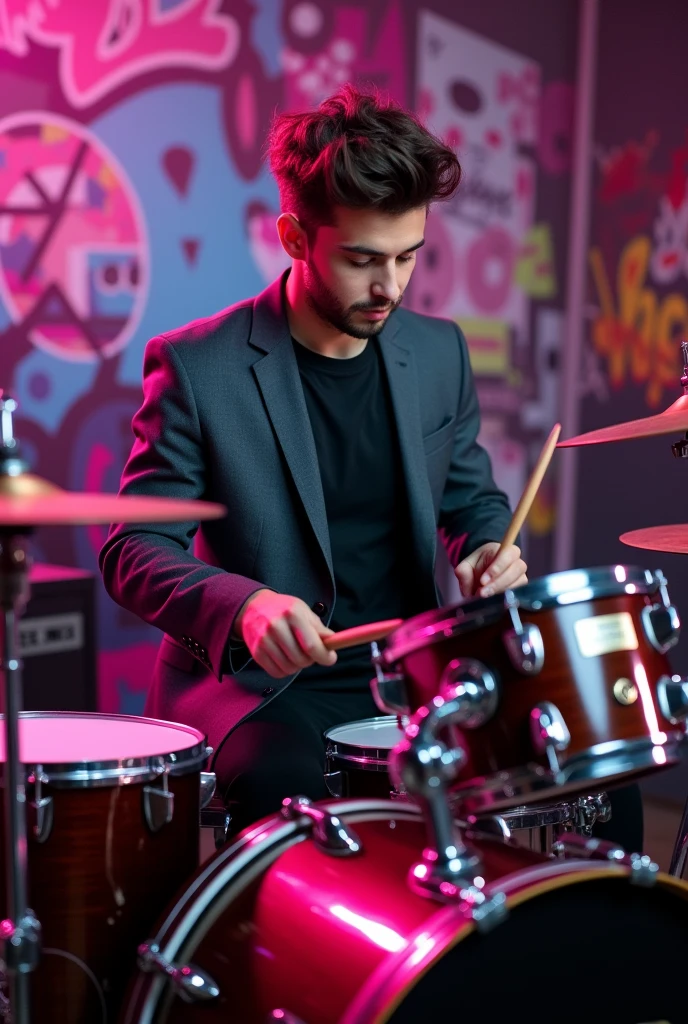 (photorealism:1.2), a young man playing drums, wearing grafite gray suit with black pants and black t-shirt