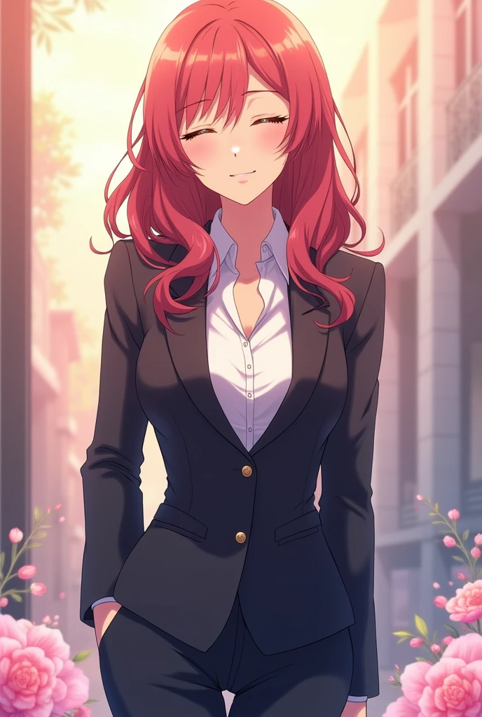 20 year old female character with formal suit and medium wavy cherry colored hair, profile with a smile and closed eyes. anime styling, lesbian 