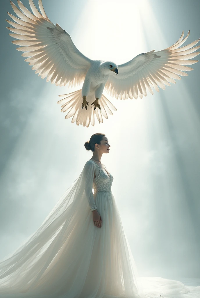 LET THE BACKGROUND BE CLEARLY BRIGHT AND WHITE WITH FLASH LIGHTS. LET THERE BE AN EAGLE IN THE CENTER, AND LET THERE BE A COVERED WOMAN NEXT TO THE EAGLE. LET THE COLOR OF THE DRESS BE WHITE. WRITE "RANA RANA" WITH 3D LOGO. LET IT BE THE BEŞİKTAŞ EMBLEM.