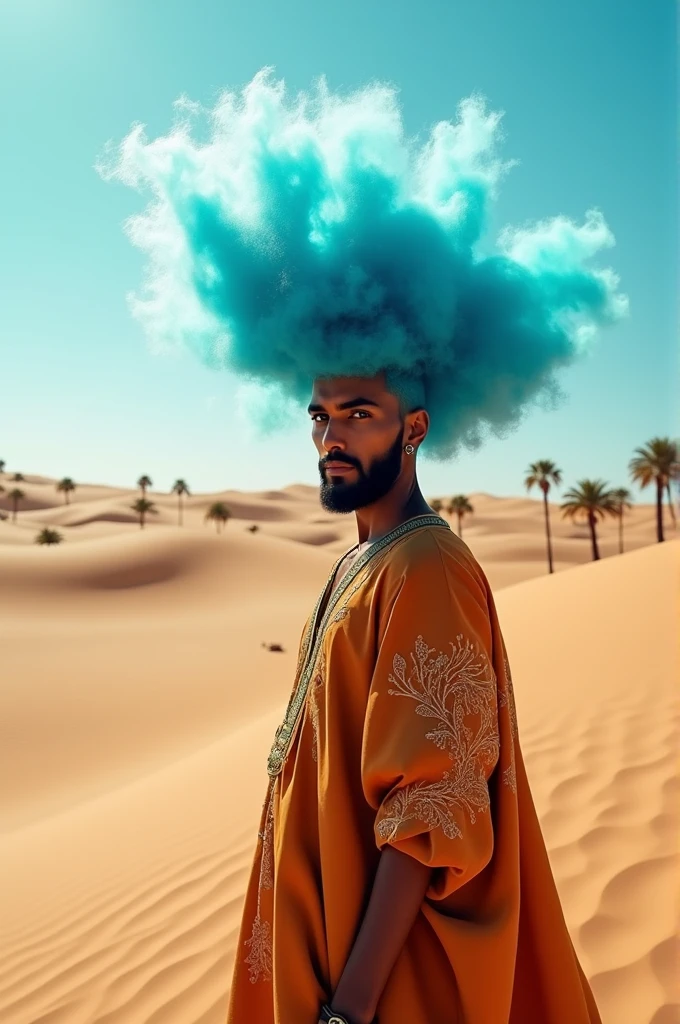 A man with cloud-like blue hair and Arab clothing
