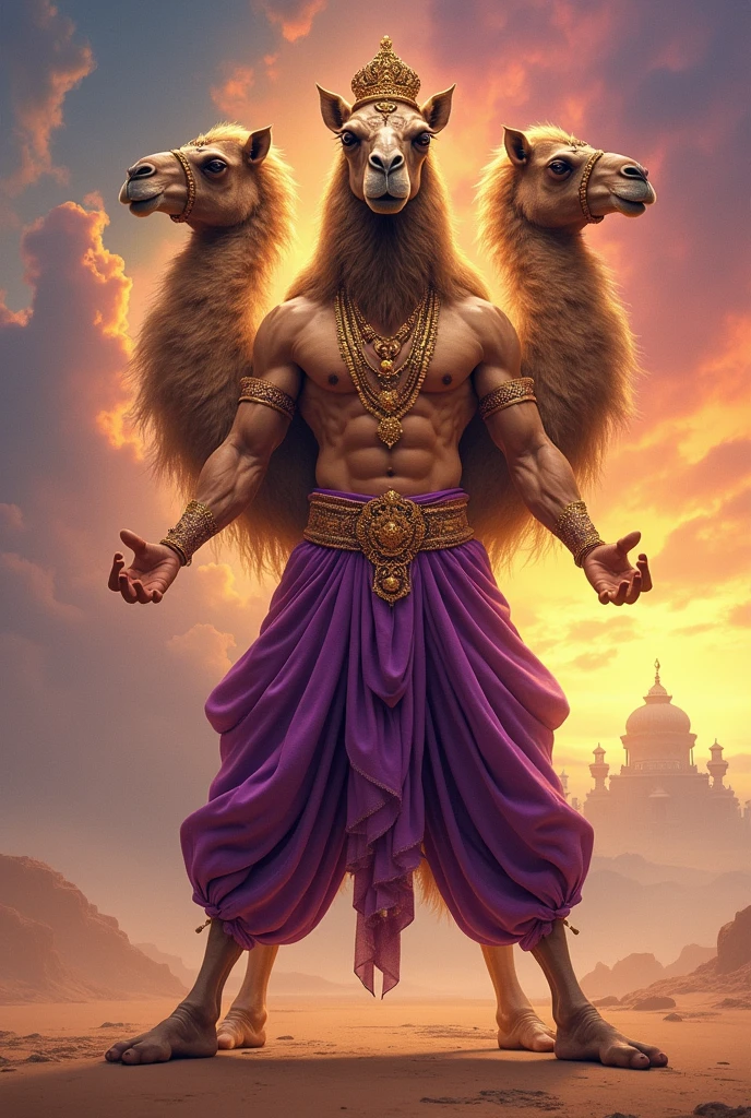 muscular bipedal camel with 3 heads, doing an indian deity pose, wearing purple sultan pants, digitl art, painting-like, HD