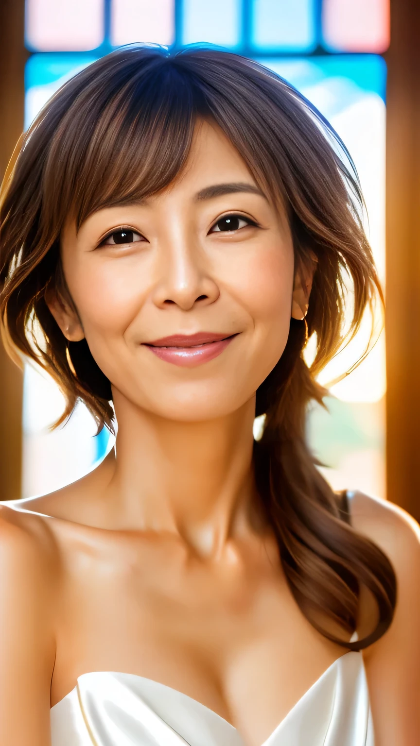 Highest quality, 1 per photo, Face close-up, View from the front, Japanese mature woman 40 years old, (Realistic facial wrinkles:1.1), Short Hair、 Wearing a veil, A big smile wearing a white shiny silk wedding dress, holding a bouquet in both hands at church, Super cute face, Glossy Lips, Double eyelids on both eyes, Glamorous makeup, Shiny and smooth light brown hair, Asymmetrical bangs, Sunburned skin, Center image, 8k resolution, Attention to detail, Detailed hairstyle, Detailed face, Cinema Lighting, Octane Rendering, Ultra-realistic, Perfect limbs, Perfect Anatomy、Center the screen、