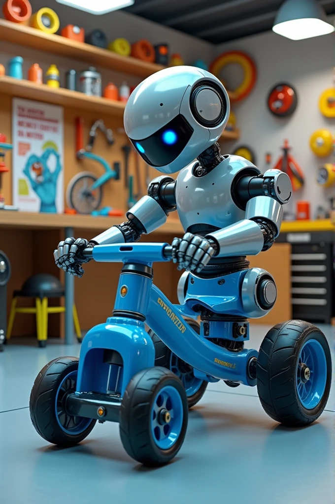 A robot making a tricycle ,color blue