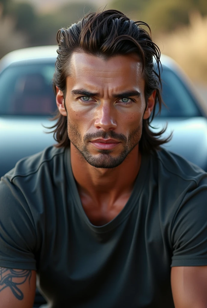 Handsome guy with mullet haricut, blue eyes, T shirt, Audi R8 v10