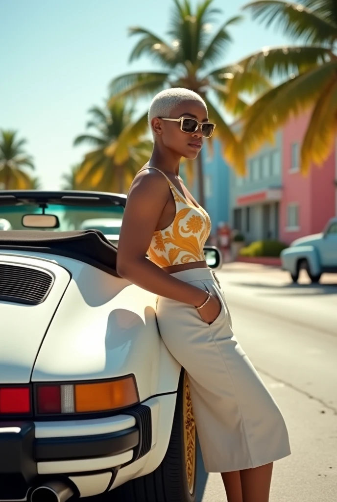 5 foot 4 inch arab bbw woman with short gelled haircut wearing wayfarer sunglasses in a purple bikini standing next to a white convertible 1989 porsche 911 next to the rear left fender with gold wire rims in 1989 miami street
