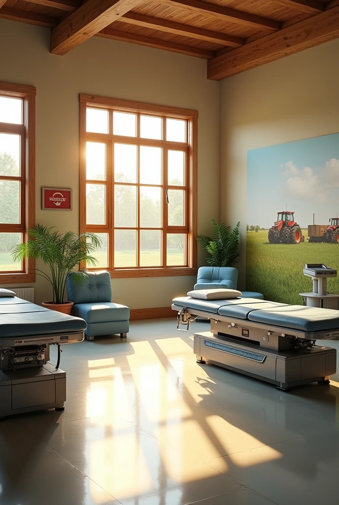 DRAW ME A PICTURE of the interior of a SPECIALIZED ORTHOPEDIC HOSPITAL for farmers