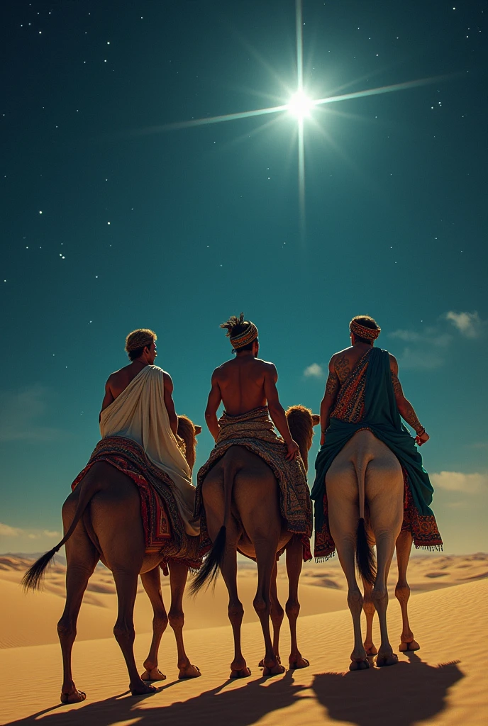 Three men on three camels in jursulan watching a bright star