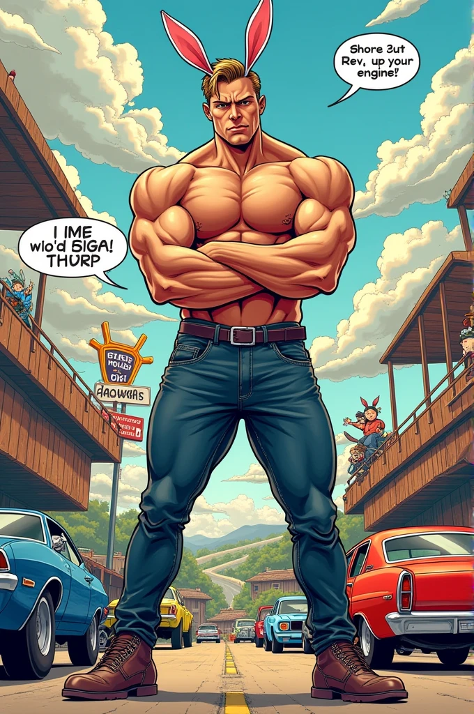 Create ten comics of a tall, handsome, muscular dominant man with bunny ears saying words referring to the name car