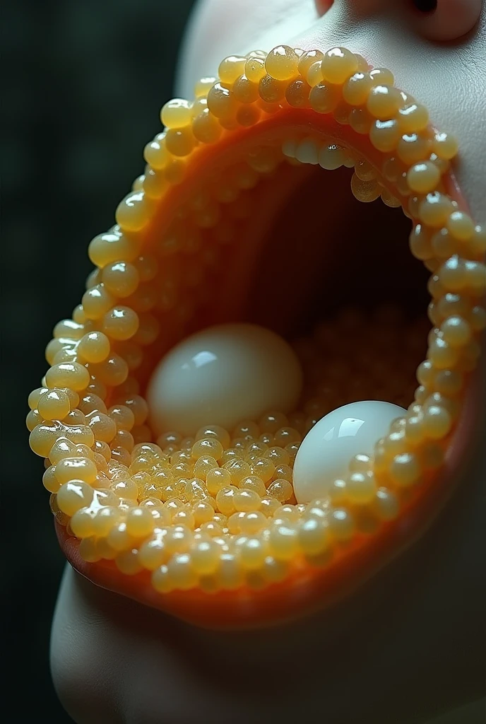 A honeycomb-like formation inside a human throat, with white eggs in it, trypophobia