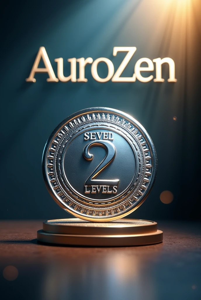 Create a 3D image of a medal that is about level 2 silver and in the background the full name of AuroZen 