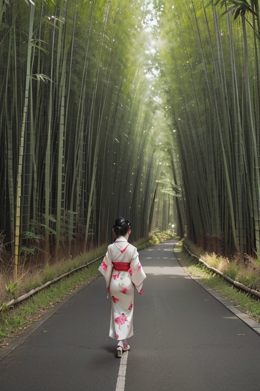 bamboo forest, ((masterpiece, Highest quality, Best image quality, High resolution, Realistic, RAW Photos, 8k, Highly detailed CG synthesis 8k wallpaper)), bamboo forestの間のまっすぐな道, Lanterns illuminating the ground, Midnight Full Moon, And stand in the middle of the road、Back view of a woman in a Japanese kimono,