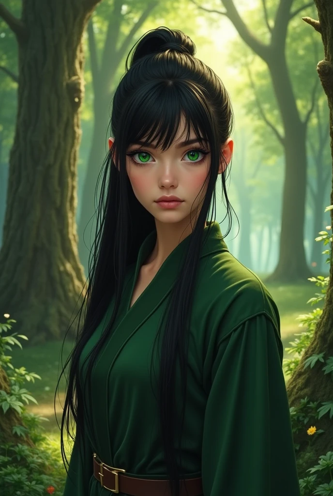 young woman, series, with dark green eyes and very long black hair tied up with bangs
