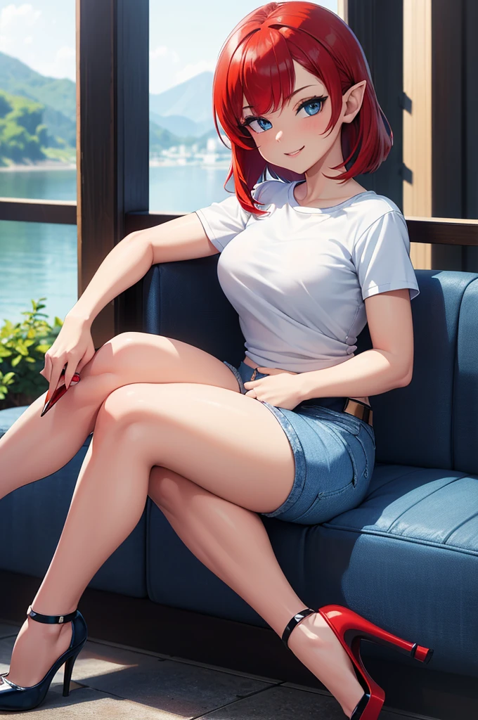 (masterpiece), best quality, (((ultra detailed, 8k quality))), expressive eyes, perfect face, Curvy body, Elf,(1girl), Solo, pretty, blue eyes, ((White tight Mini Tee Shirt:1.5)), ((Blue Denim Mini Shorts:1.5)),((Black Stiletto Heels:1.5)), ((red hair:1.5)), short hair, crossed bangs, small breast, sitting on a sofa by a balcony by the lake, legs crossed, front view, seductive smile, seductive pose,