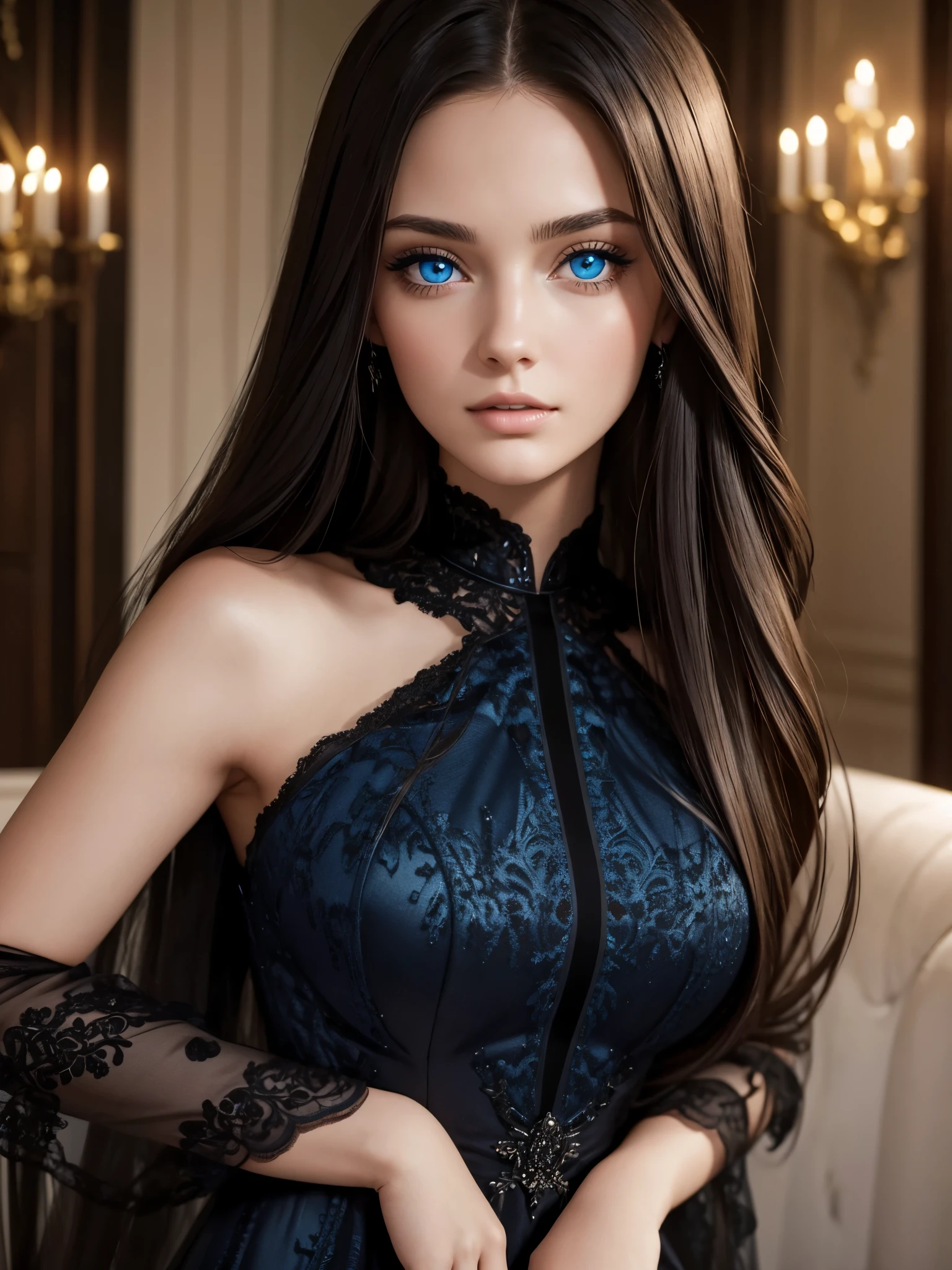 Beautiful brunette girl with blue eyes and long hair wearing a black dress in a luxury mansion photo shoot close up of the face