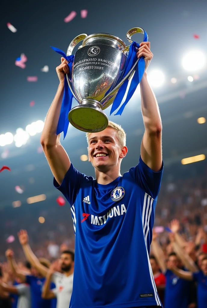 Young blond player 20 years old playing for Chelsea with the Champions League trophy
