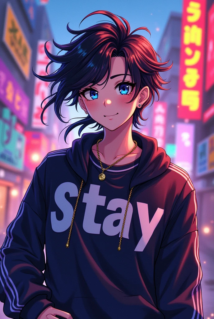 HYUNJIN from Stray Kids with a hair mullet cut and raised halfway in anime and on his clothes he says Stay