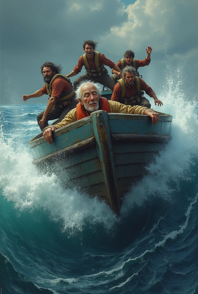 A realistic image of an old looking man, where I am inside a boat sleeping in the middle of a strong tide, Up on the same boat are the distressed crew members trying to control the boat