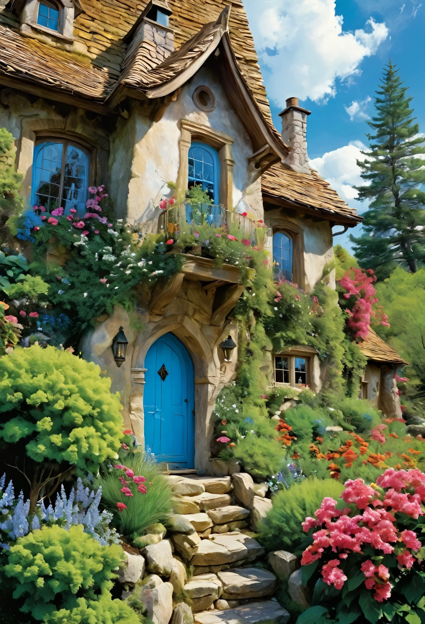 Vibrant, detailed digital painting of a whimsical, multi-story house perched on a rocky cliff. The house features a mix of wooden and stone elements, with steep, red-tiled roofs and multiple chimneys. The structure is surrounded by lush greenery, including trees, bushes, and colorful flowers, creating a lively and enchanting atmosphere. The sky is filled with fluffy, white clouds against a bright blue backdrop, adding to the overall cheerful and magical feel of the scene. The painting is rich in color and texture, with intricate details that bring the fantasy setting to life.