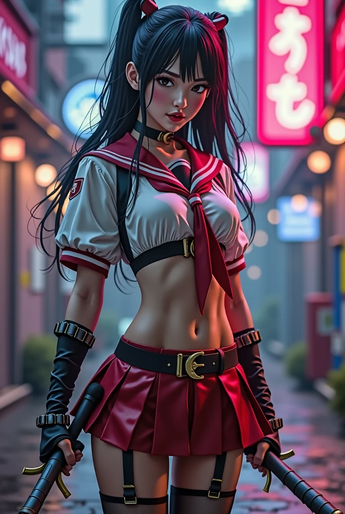 A sexy beautiful student girl,sexy japan uniform school modified to be a fighter, mini skirt, show stomach, gloves, weapons, leg warmer, thigh stocking