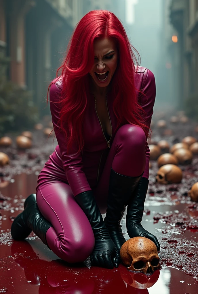 A beautiful woman with prenzil red hair six feet long reaching the floor Adriana Lima wearing a fuchsia leather jumpsuit combined with black gloves and black leather boots kneeling screaming exhausted after a battle blood around her skulls and lots of blood prenzil red hair six feet long reaching the floor reflection of her in her blood Marvel universe logo
