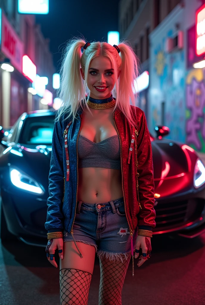 use Margot Robbie's Harley Quinn as a base with the clothes she wears in the film Suicide Squad smiling wearing gold and diamond grillz with a car in the background at night
