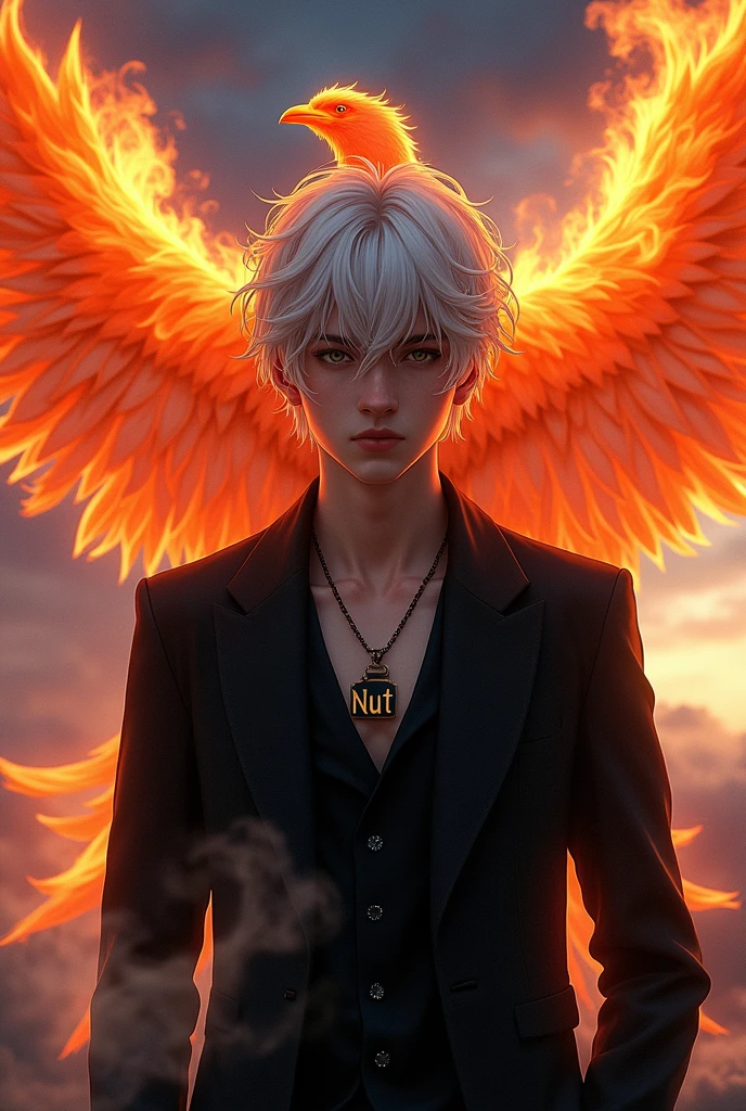 a age boy with white hair wearing a formal black outfit and wearing a necklace with name "Nut" on it with a firing phoenix in his back