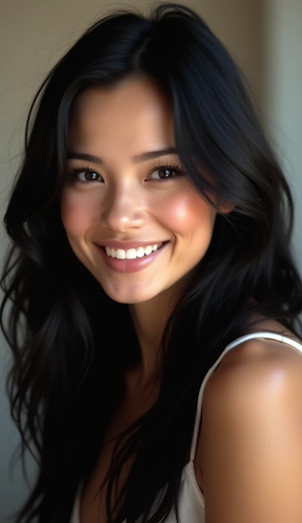 Kristin Kreuk, Alone, High resolution, Long hair, looking at the viewer, smile, open mouth, black hair, High resolution, necessary, 