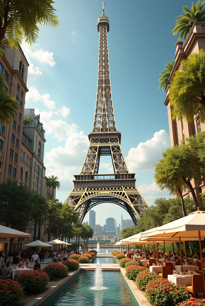 Create a luxurious tower similar to the Eiffel Tower, only bigger and more luxurious