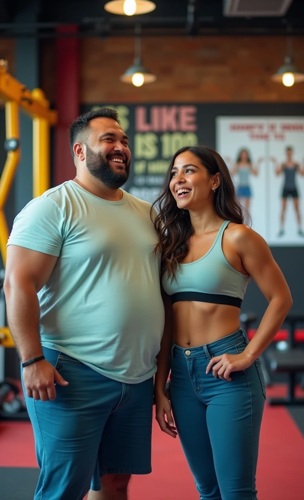 Create a blog post image of a fatty man who learned how he loses his belly fat from a fitness expert girl in the gym