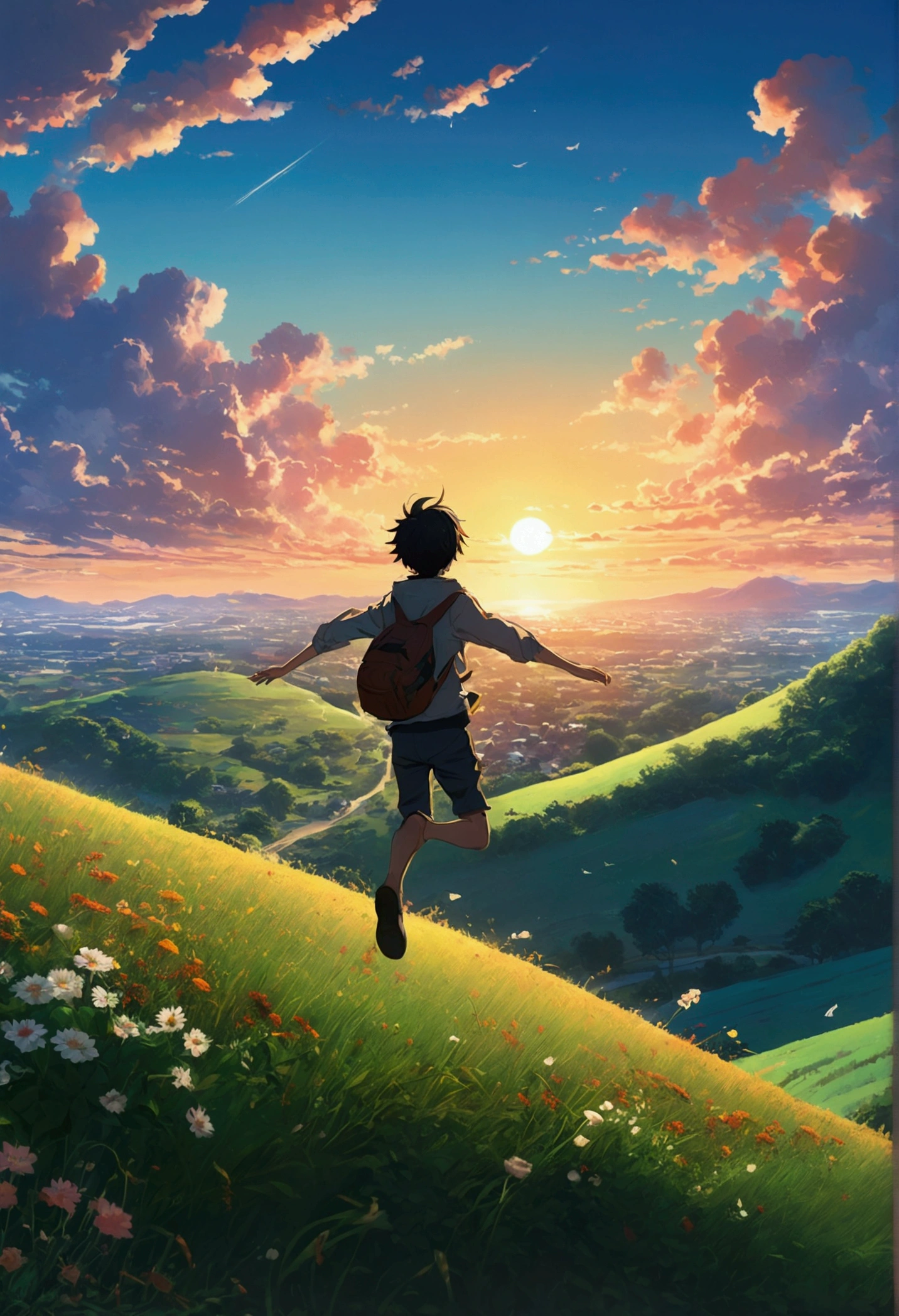 Anime landscape of The image shows a boy jumping in the air from a hill, meadow, at sunset, seen from afar, a beautiful colorful anime scene, seen from afar, a beautiful anime scene of peace, Makoto Shinkai Cyril Rolando, beautiful anime scene, amazing wallpaper, 8k anime art wallpaper, anime background, artistic anime background, 4k anime wallpaper, 4k anime art wallpaper, wallpaper anime art 4k,